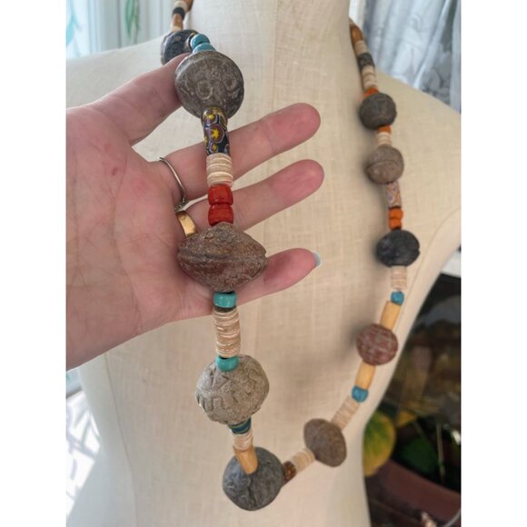 Vintage African Trade Bead Necklace HUGE Clay Beads millefiori Glass Sterling Cl - Picture 4 of 16
